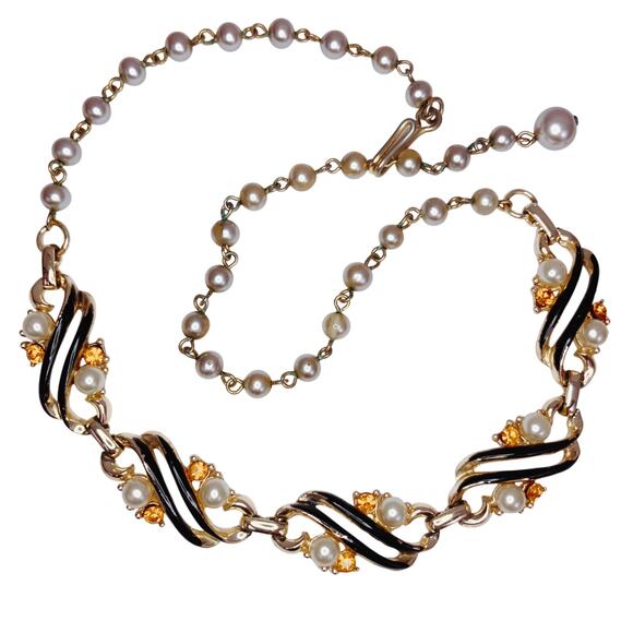 Vintage 50s Gold Tone Black Enamel Faux Pearl Rhinestone Link Choker Necklace - Picture 4 of 14